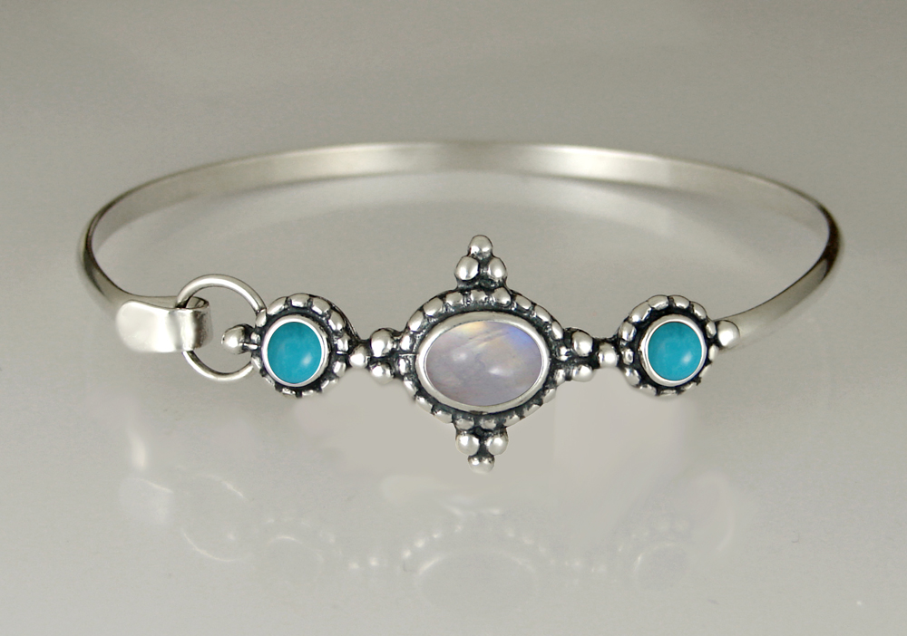 Sterling Silver Strap Latch Spring Hook Bangle Bracelet With Rainbow Moonstone And Turquoise